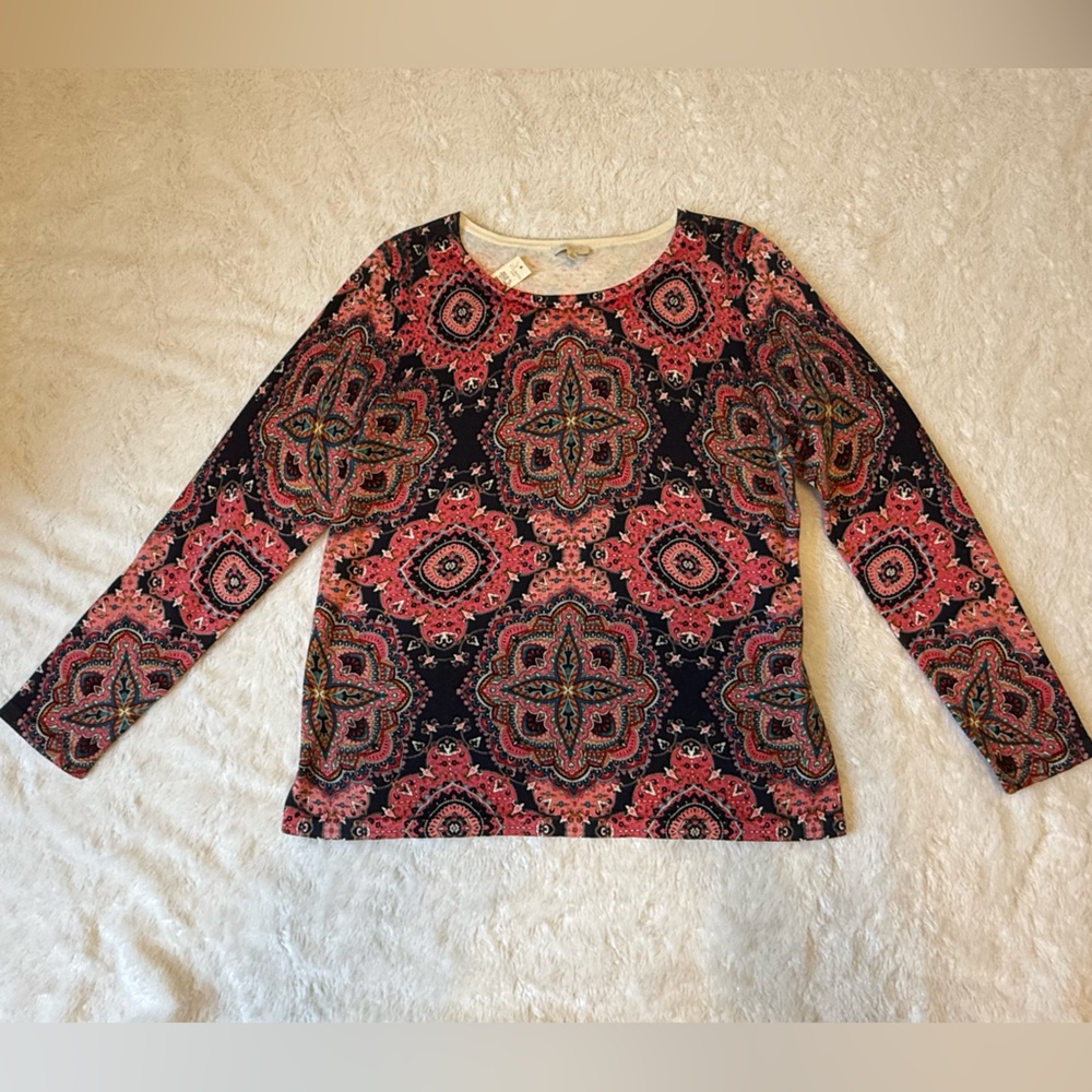Talbots Women's Long Sleeve Round Neck Cotton Top Sweater Size Medium Navy Pink